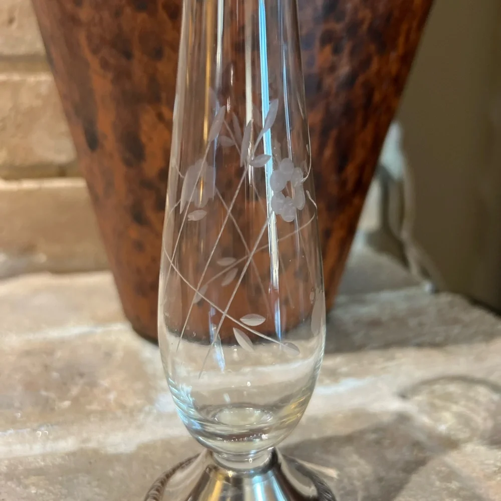 Vintage Duchin Creation Sterling Weighted Bud Vase Crystal Etched Flowers